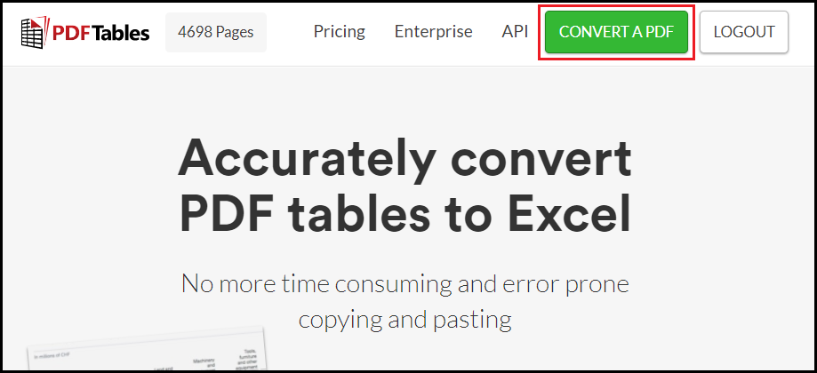 Convert a PDF to Excel on PDFTables.com
