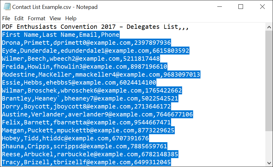 Open contacts CSV in Notepad