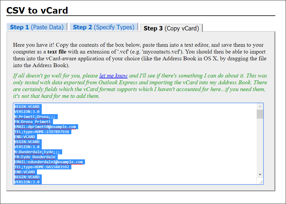 Copy CSV to vCard format