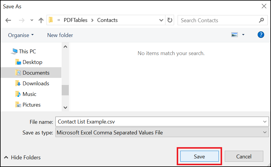 Select download location for PDF to CSV