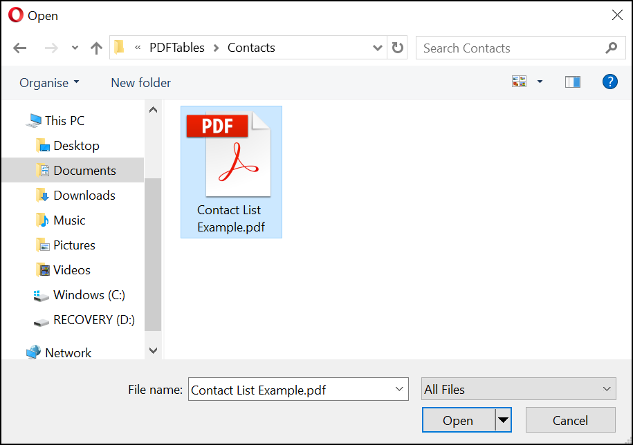Select a contacts PDF in Explorer